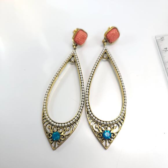 Vintage Teardrop Dangle Earrings with Coral and Turquoise Accents Boho Jewelry - Picture 1 of 10
